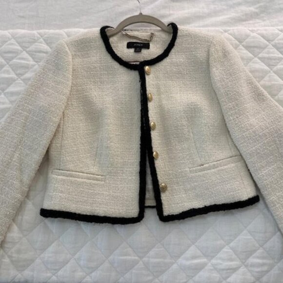 J Crew Louisa Lady Jacket Ivory with Black trim Sz 0 - Picture 1 of 3
